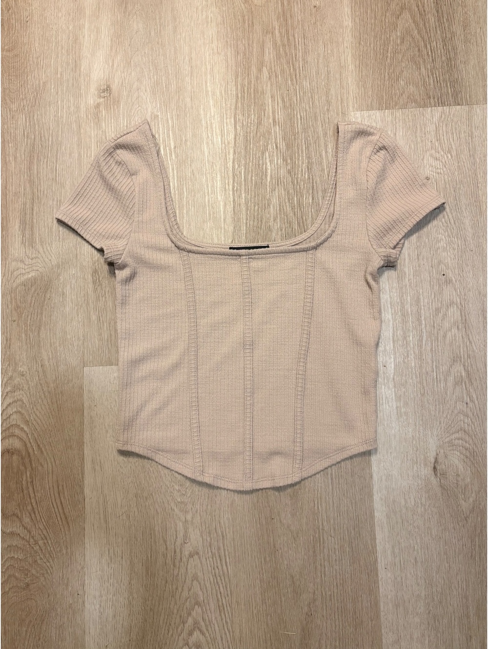 Almost Famous Tan Crop Top Women’s Size Medium Deco Boning Festival Feminine